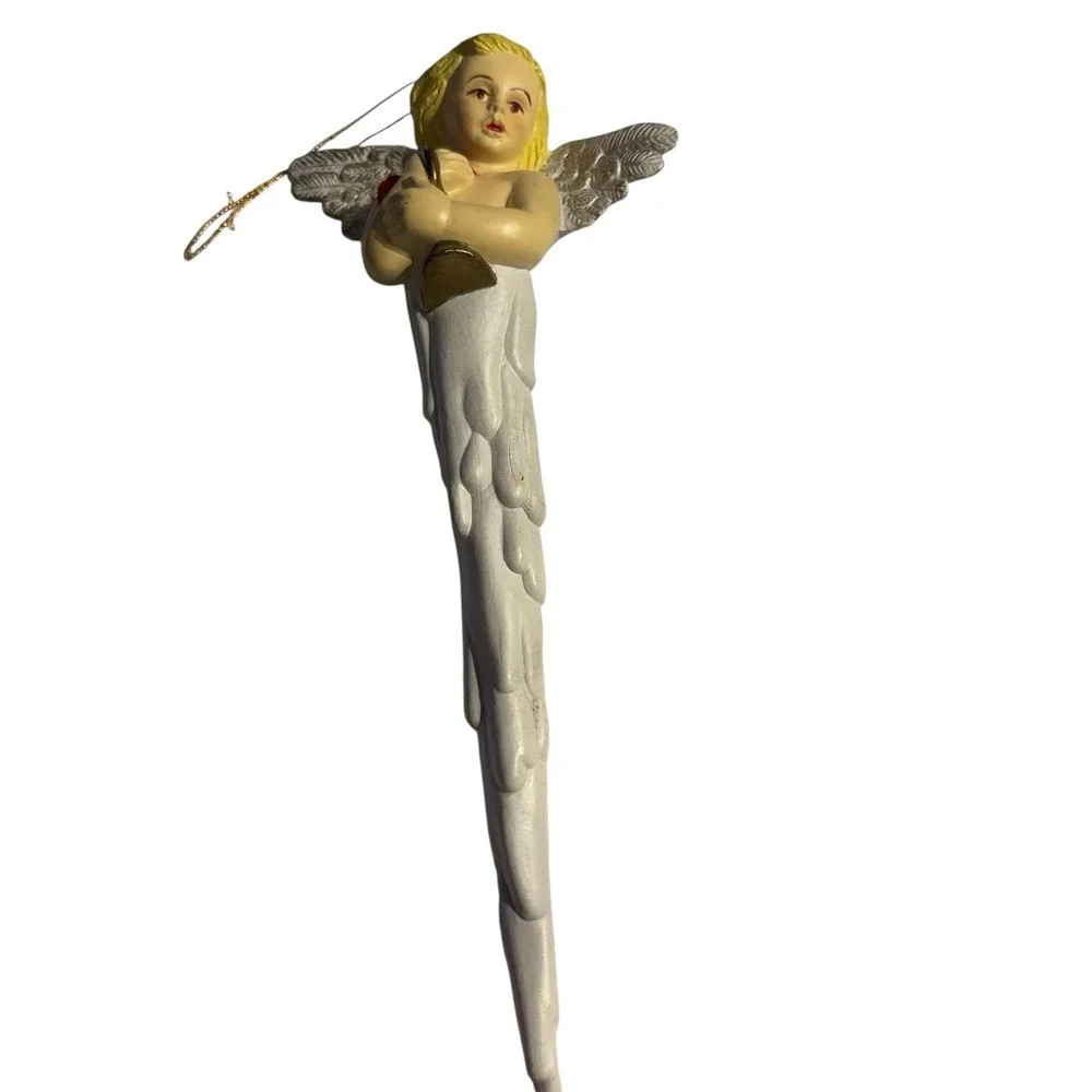 Vintage Angel Icicle Ornament Holding Bell Christmas Plastic‎ Cherub Religious